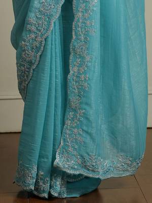 Blue solid embellished beads and stones saree 5