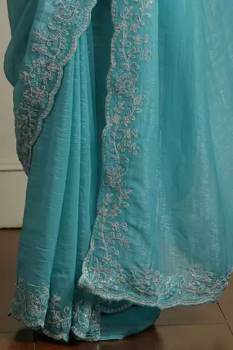 Blue solid embellished beads and stones saree