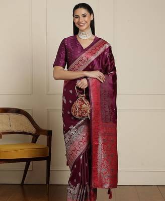 Purple ethnic motif woven design with unstitched blouse 1