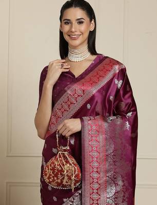 Purple ethnic motif woven design with unstitched blouse 4