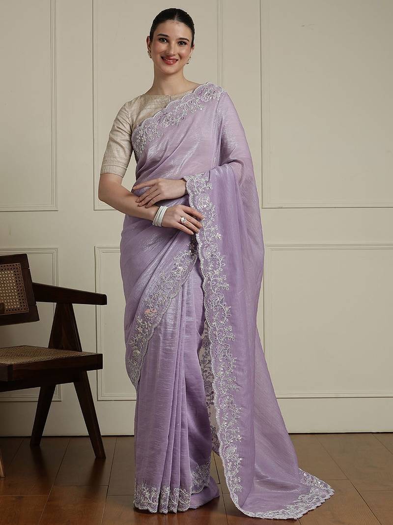Lavender embroidered embellished saree with unstitched blouse