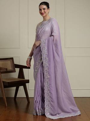 Lavender embroidered embellished saree with unstitched blouse 2