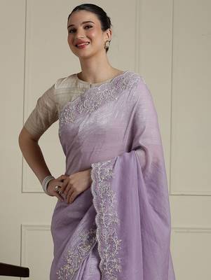 Lavender embroidered embellished saree with unstitched blouse 4