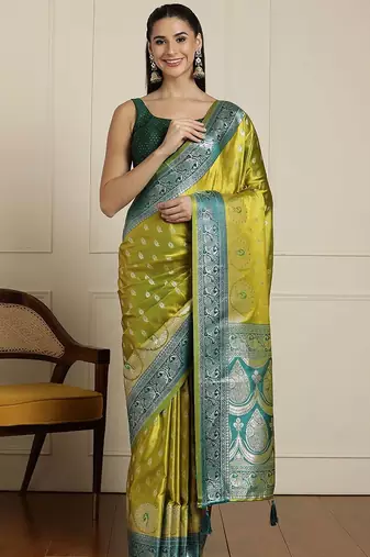 Green woven design banarasi saree with unstitched blouse