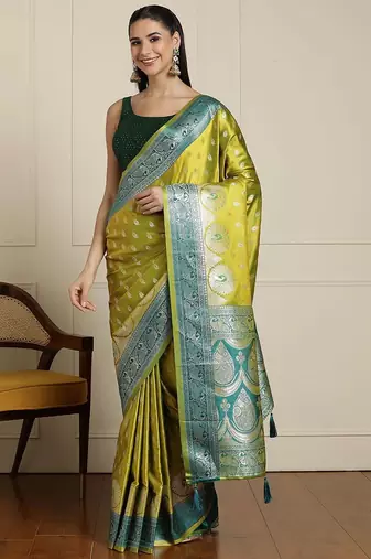 Green woven design banarasi saree with unstitched blouse