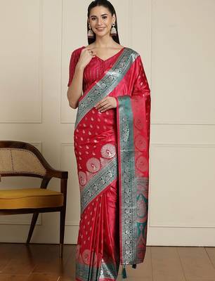 Red ethnic motifs woven design zari banarasi saree 1