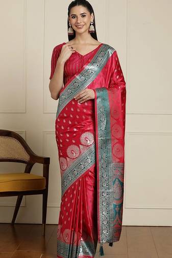 Red ethnic motifs woven design zari banarasi saree