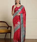 Red ethnic motifs woven design zari banarasi saree