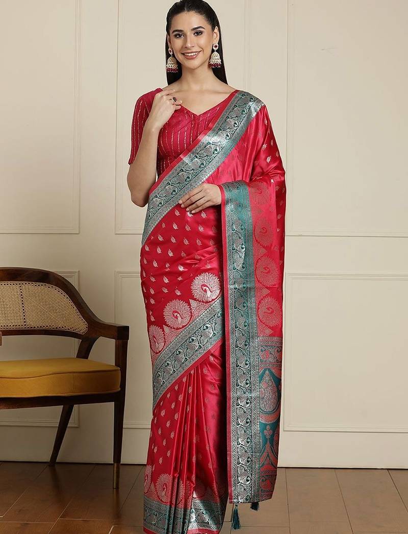 Red ethnic motifs woven design zari banarasi saree