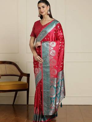 Red ethnic motifs woven design zari banarasi saree 2