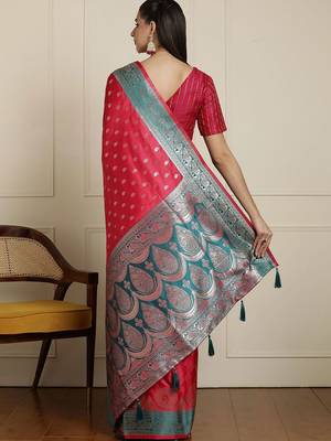 Red ethnic motifs woven design zari banarasi saree 3