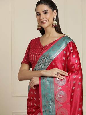 Red ethnic motifs woven design zari banarasi saree 4