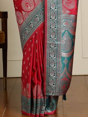 Red ethnic motifs woven design zari banarasi saree 5