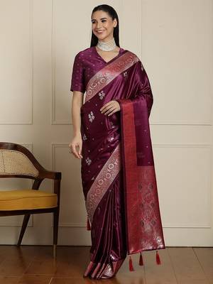 Purple ethnic motif woven design banarasi saree 1