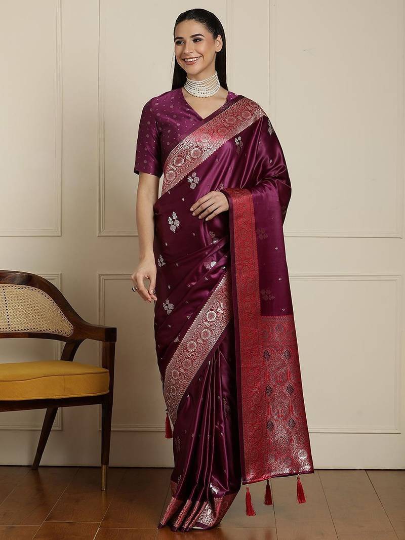Purple ethnic motif woven design banarasi saree