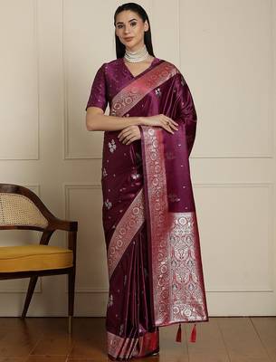 Purple ethnic motif woven design banarasi saree 3