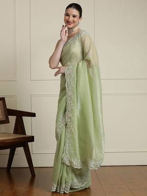 Green woven design floral saree with blouse 2
