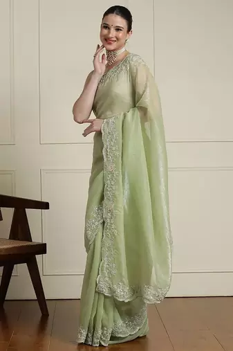 Green woven design floral saree with blouse