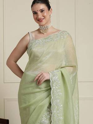 Green woven design floral saree with blouse 4