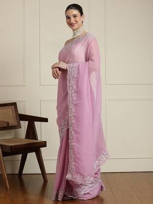 Pink sequinned saree with blouse 2