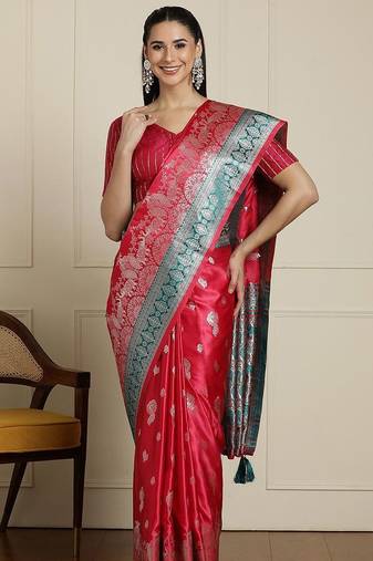 Pink ethnic motif woven design banarasi saree