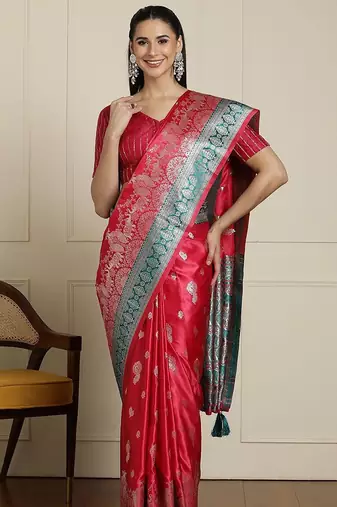 Pink ethnic motif woven design banarasi saree