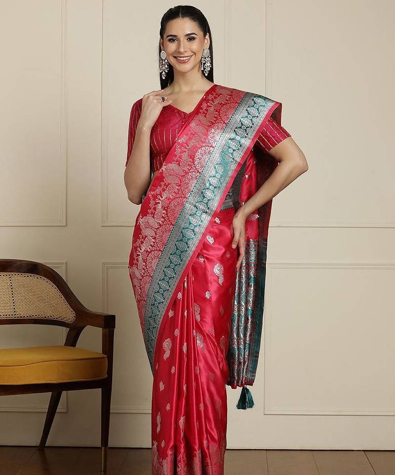 Pink ethnic motif woven design banarasi saree