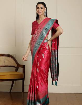 Pink ethnic motif woven design banarasi saree 2