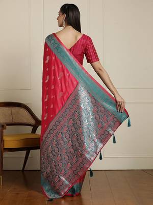 Pink ethnic motif woven design banarasi saree 3
