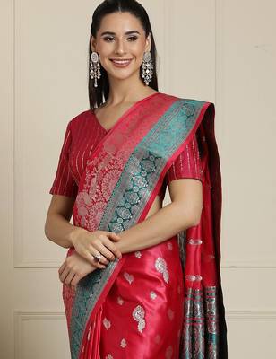 Pink ethnic motif woven design banarasi saree 4
