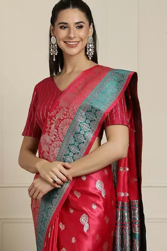 Pink ethnic motif woven design banarasi saree
