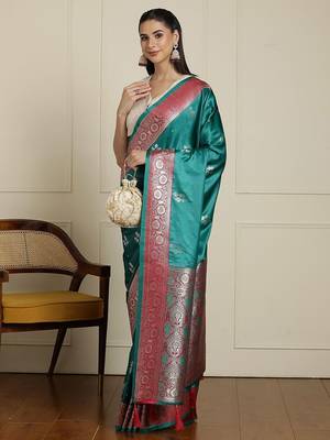 Sea green ethnic motifs woven design banarasi saree 2