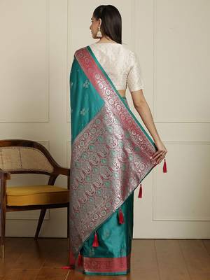 Sea green ethnic motifs woven design banarasi saree 3