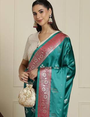 Sea green ethnic motifs woven design banarasi saree 4