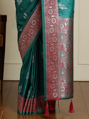 Sea green ethnic motifs woven design banarasi saree 5
