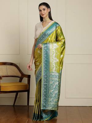Green woven design banarasi saree with blouse piece 2