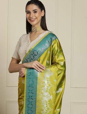 Green woven design banarasi saree with blouse piece 4