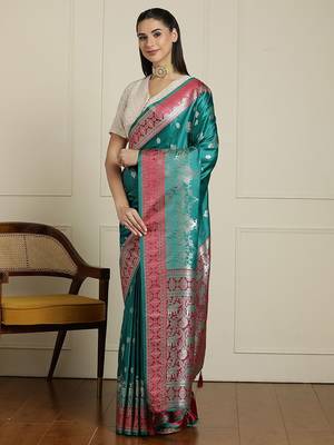 Sea green ethnic motifs zari woven design banarasi saree with blouse piece 2