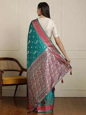 Sea green ethnic motifs zari woven design banarasi saree with blouse piece 3