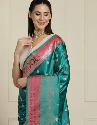 Sea green ethnic motifs zari woven design banarasi saree with blouse piece 4