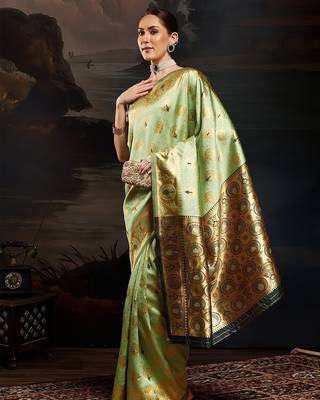 Green woven design kanjeevaram saree with matching blouse 3