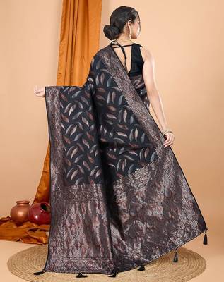 Black zari-woven art silk saree with unstitched blouse 3