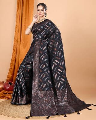 Black zari-woven art silk saree with unstitched blouse 4