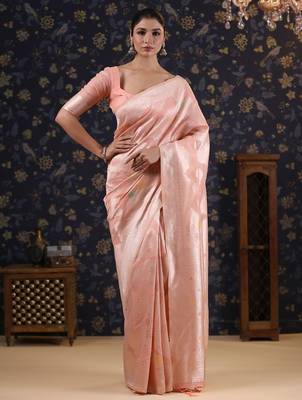 Pink woven design pure linen banarasi sarees 1