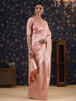 Pink woven design pure linen banarasi sarees 2