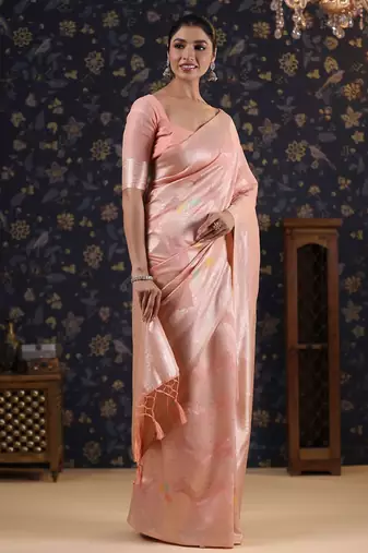 Pink woven design pure linen banarasi sarees