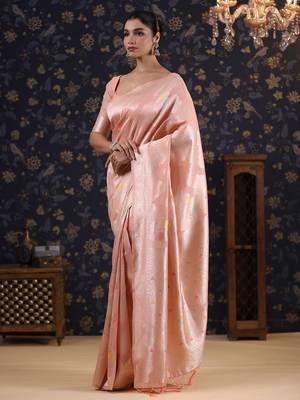 Pink woven design pure linen banarasi sarees 3