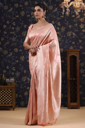 Pink woven design pure linen banarasi sarees