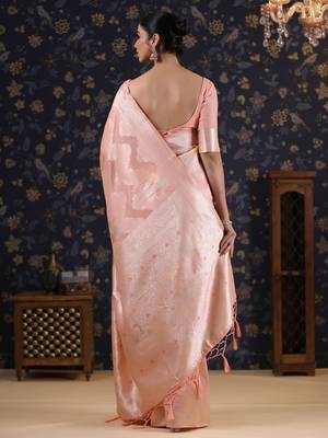 Pink woven design pure linen banarasi sarees 4