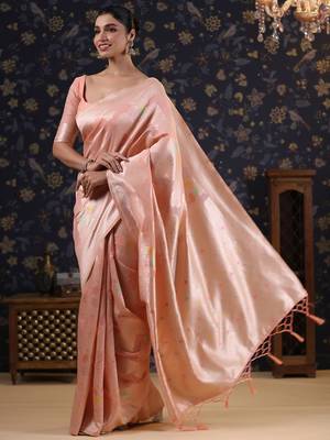 Pink woven design pure linen banarasi sarees 5